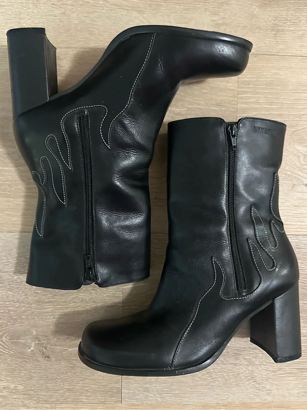 VTG Harley Davidson Scorch Black Leather Flame Block Heel Boots 9.5